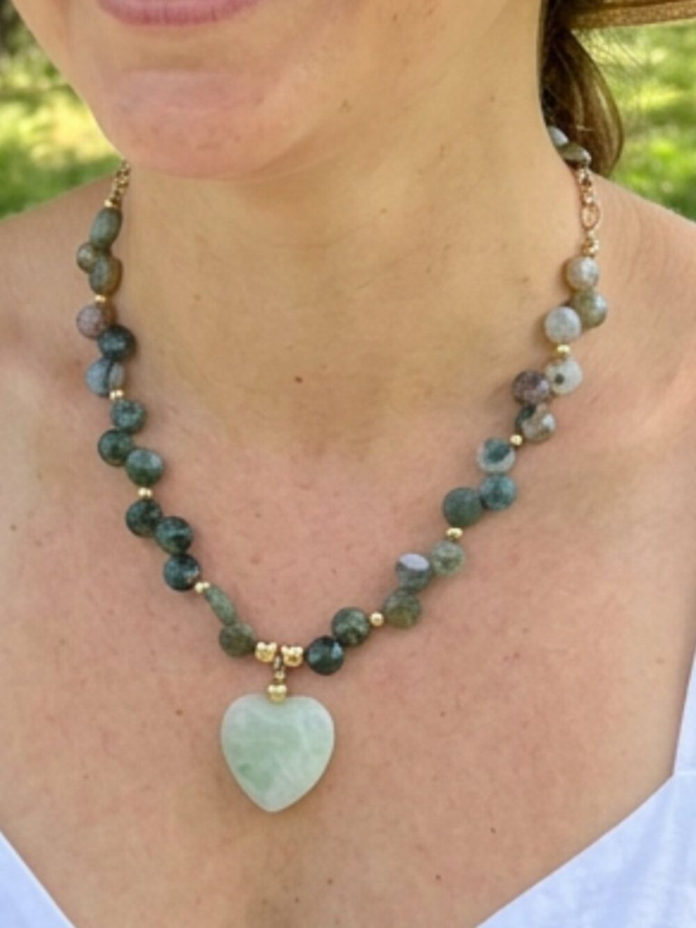 18" Artisan-made Necklace: Fancy Jasper, Green Calcite Vintage HEART, 14kt GF